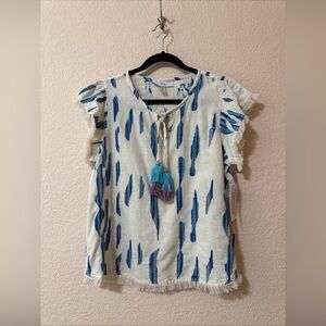 NWT MB Tribal Women Blouse Tassel Fringe Western Style Textured Cotton Blue Sz M